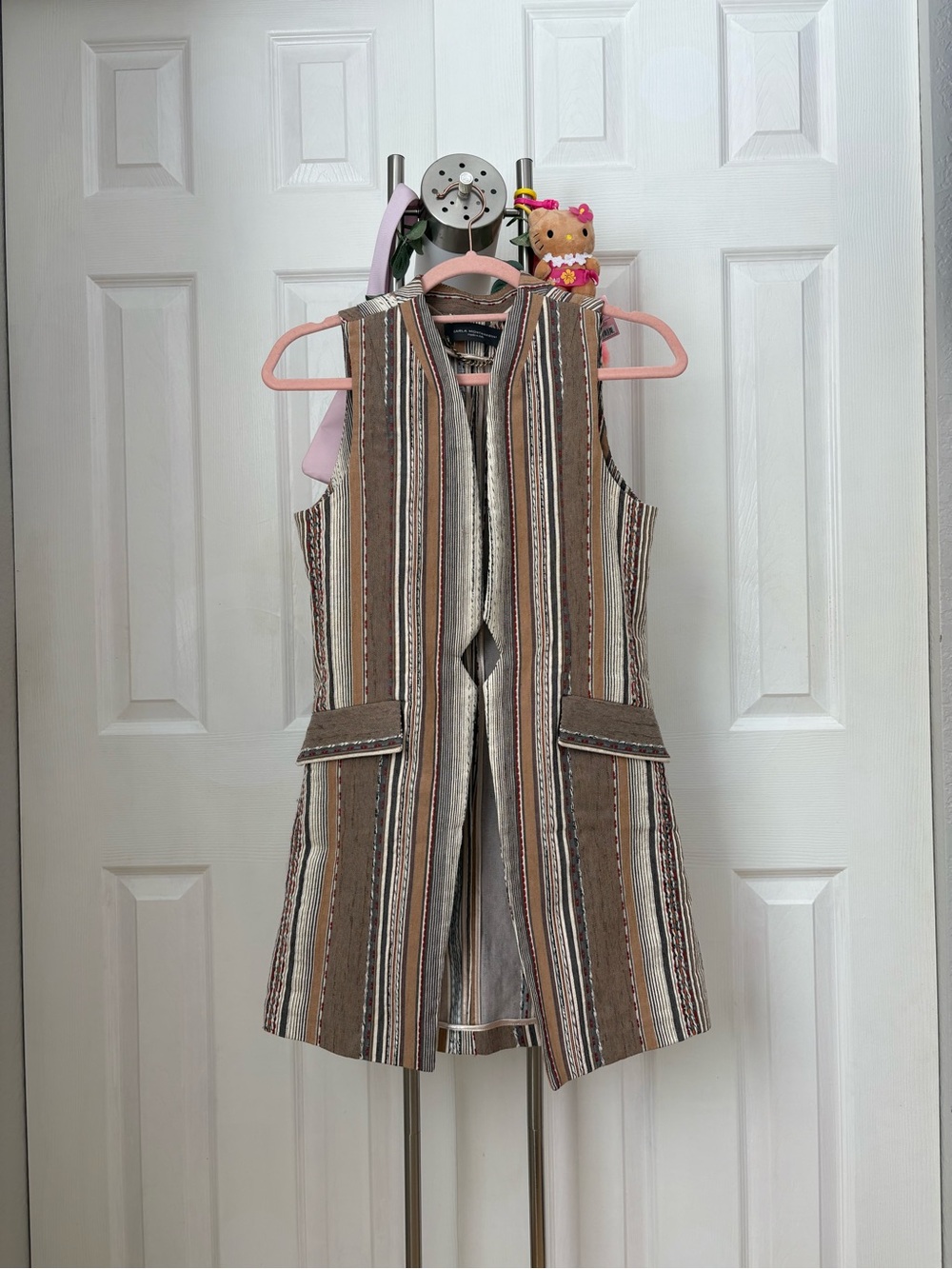 Striped Sleeveless Long Vest in Brown & Cream